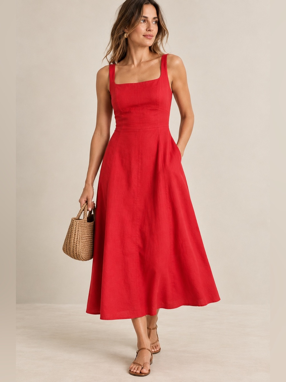 Banana Republic Red Linen Blend Square Neck Midi Dress Size 4